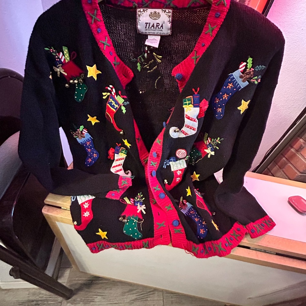 Tiara Black and Red Cardigan with Festive Accents